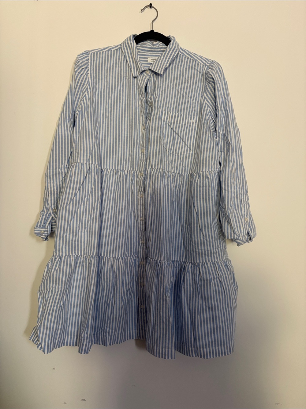 Women’s Blue & White Striped Tiered Shirt Dress